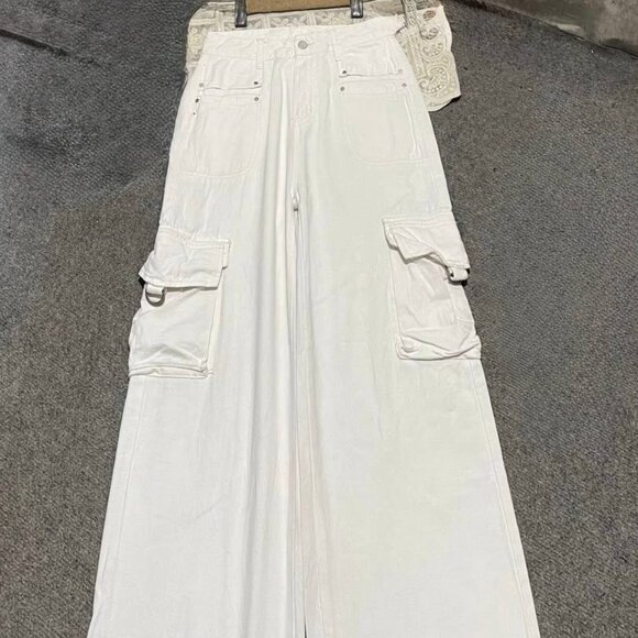 White High Rise Wide Leg Cargo Pants with Pockets - Picture 1 of 3